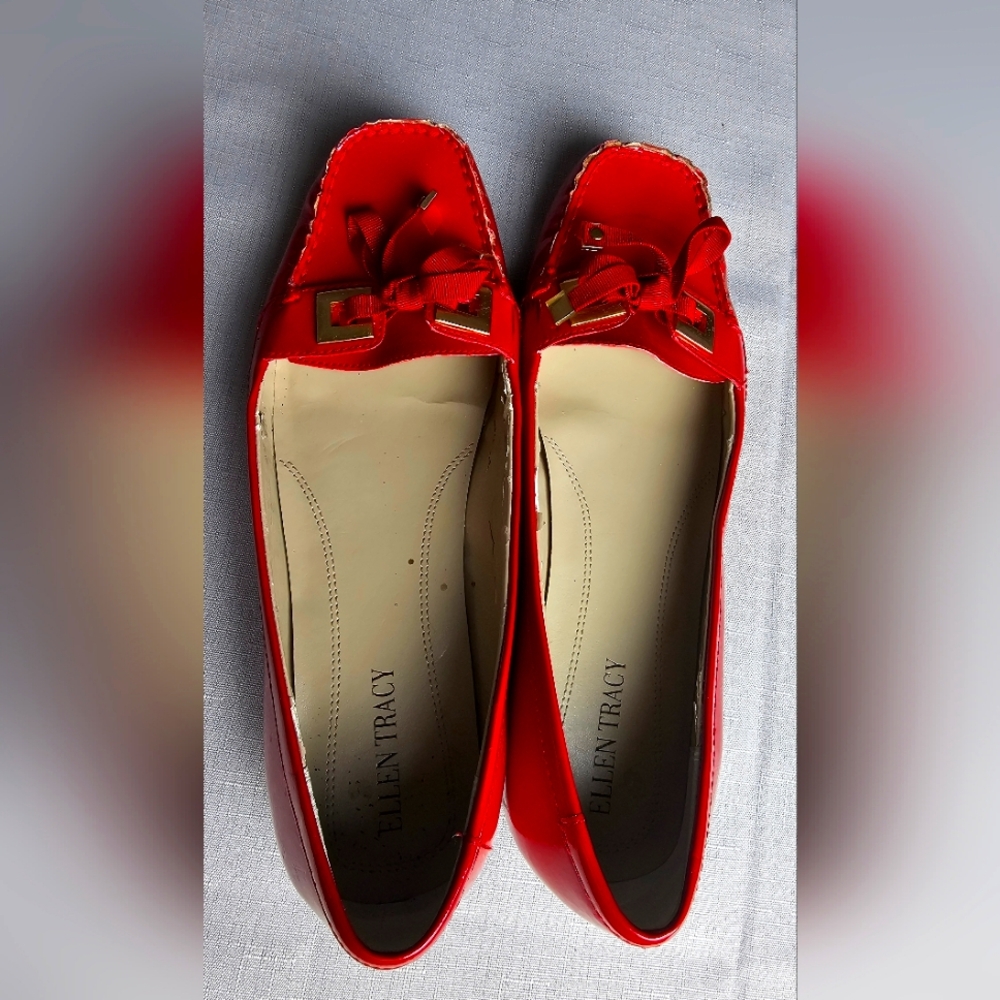 Ellen Tracy Red Flats with Ergonomic Design and Textured Soles